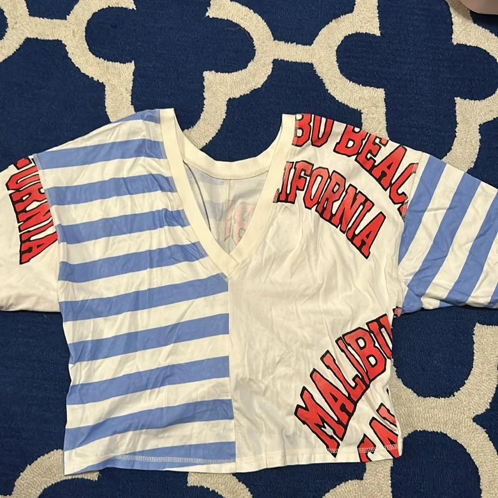 Free People Striped Malibu Graphic Short Sleeve Tee in Blue, White, Red - Picture 7 of 7